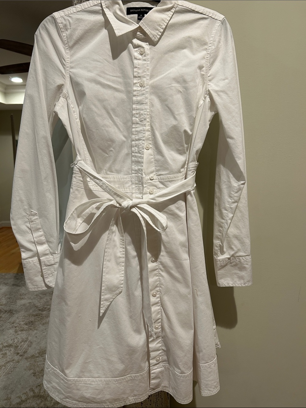 Banana Republic White Long-Sleeve Button Shirt Dress with Waist Tie